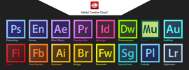 Les logos des différents outils de la Suite Adobe Creative Suite utilisés par Pro File Design